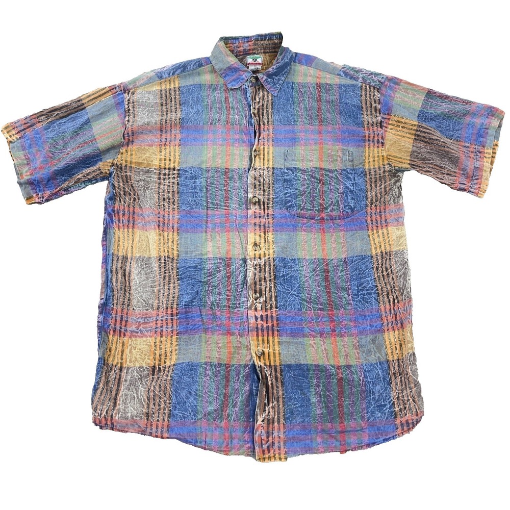 Vintage Zip Code Shirt Men Large Button Up Washed Worn Plaid Tie Dye 90s